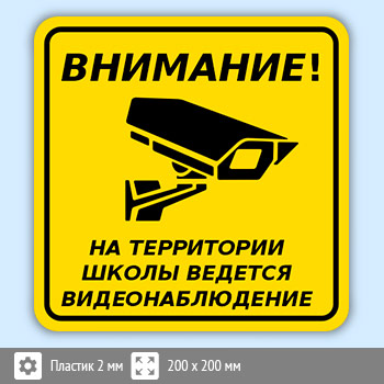 Табличка «Внимание! На территории школы ведется видеонаблюдение», B114 (пластик, 200х200 мм)